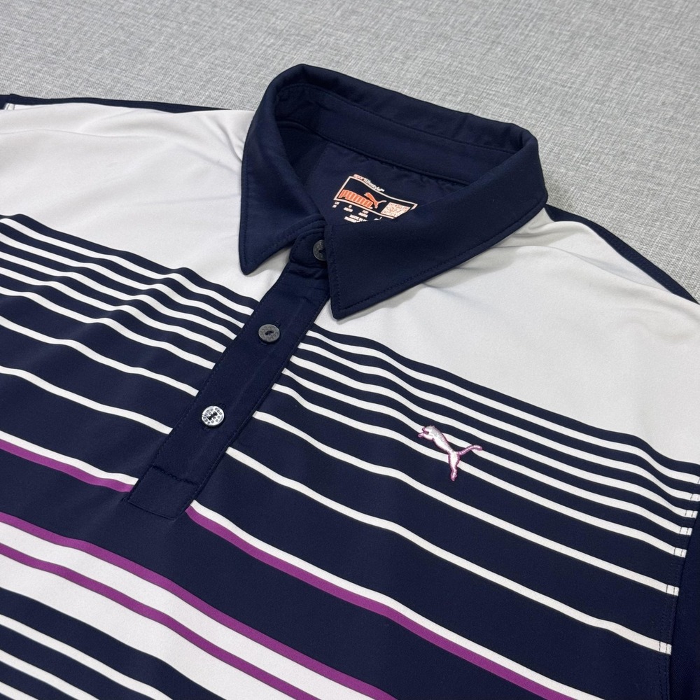 Puma Polo Golf Shirt‎ Mens XL Blue Striped Polyester Performance Multicolor